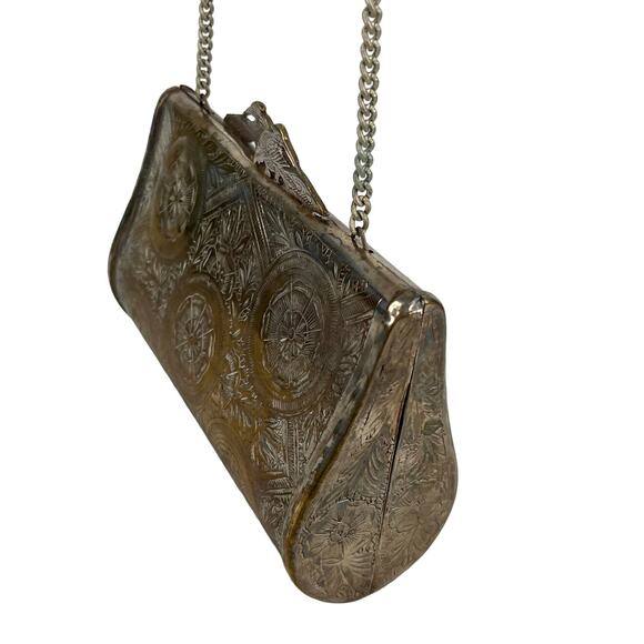 Vintage Peacock Flower Engraved Brass Pillow Purse Chain Strap 7" x 4.5" - Picture 8 of 16